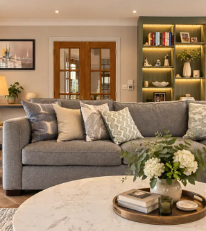 Bespoke fitted joinery and flat-pack furniture compared in a modern home interior.